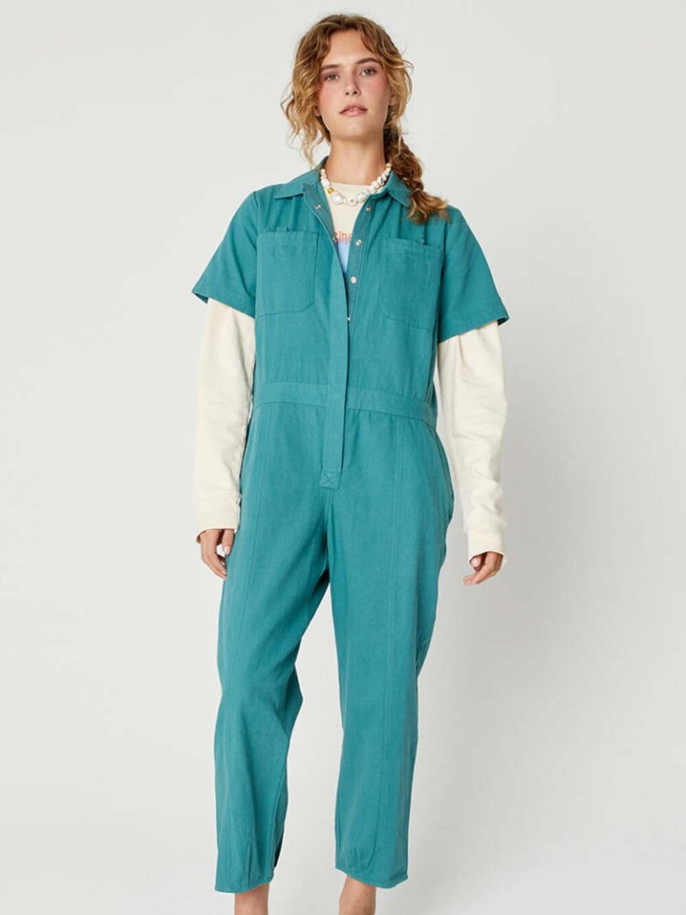 Back Beat Co. boiler suit coveralls small teal organic cotton women's